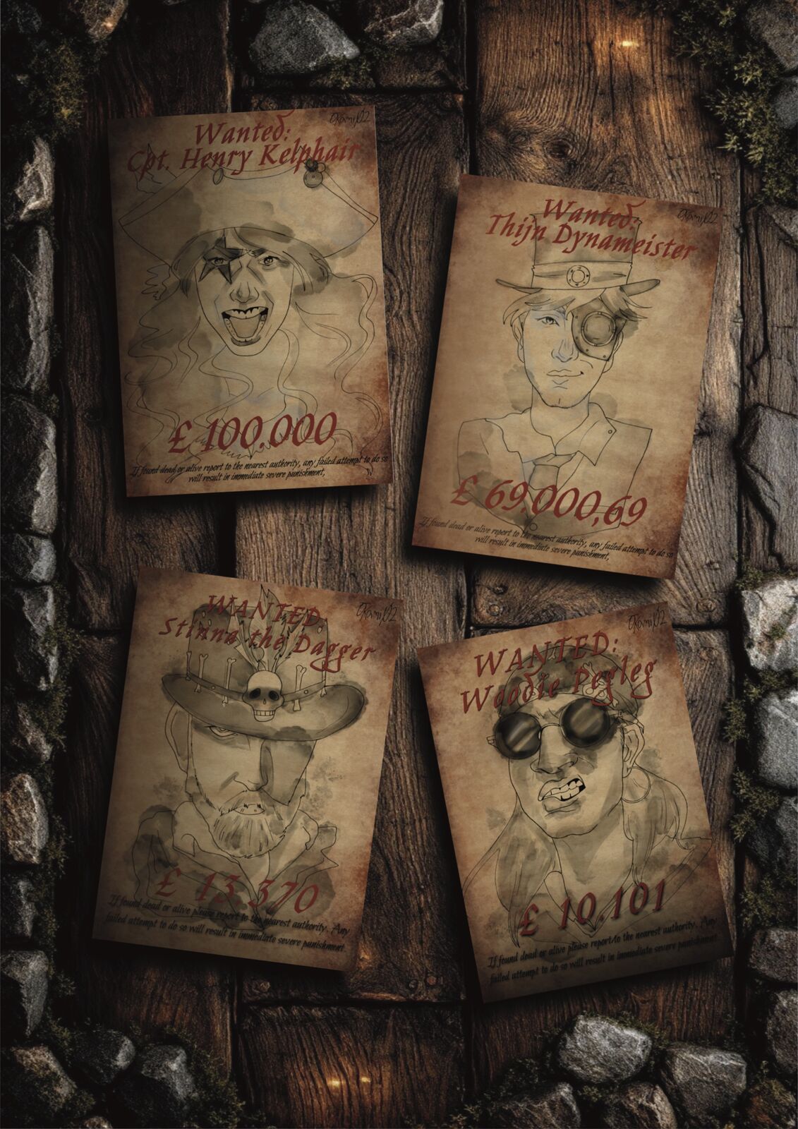 Wanted-posters van de bandleden