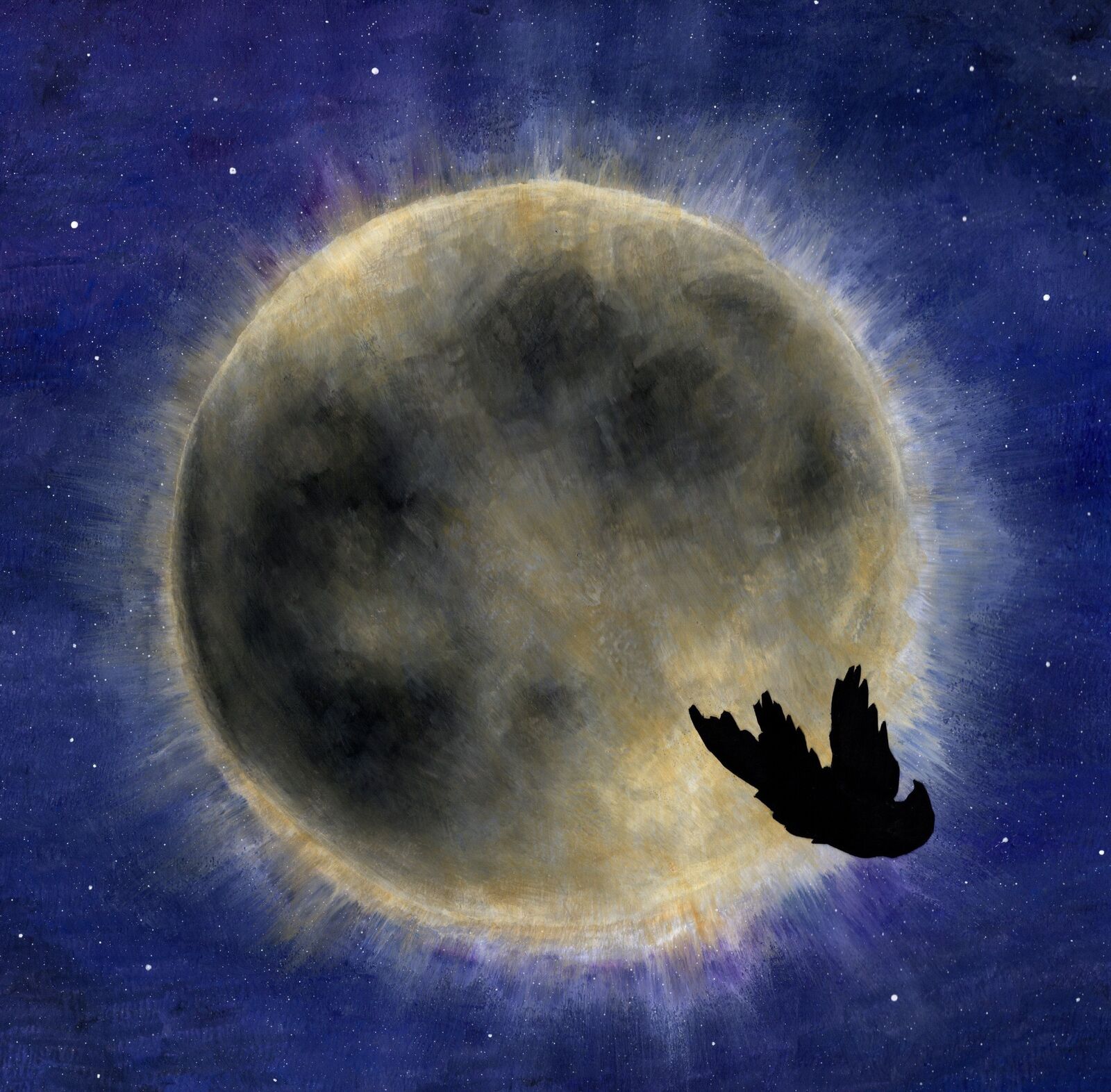 Schilderij van de maan met een donkere vogel in de vlucht