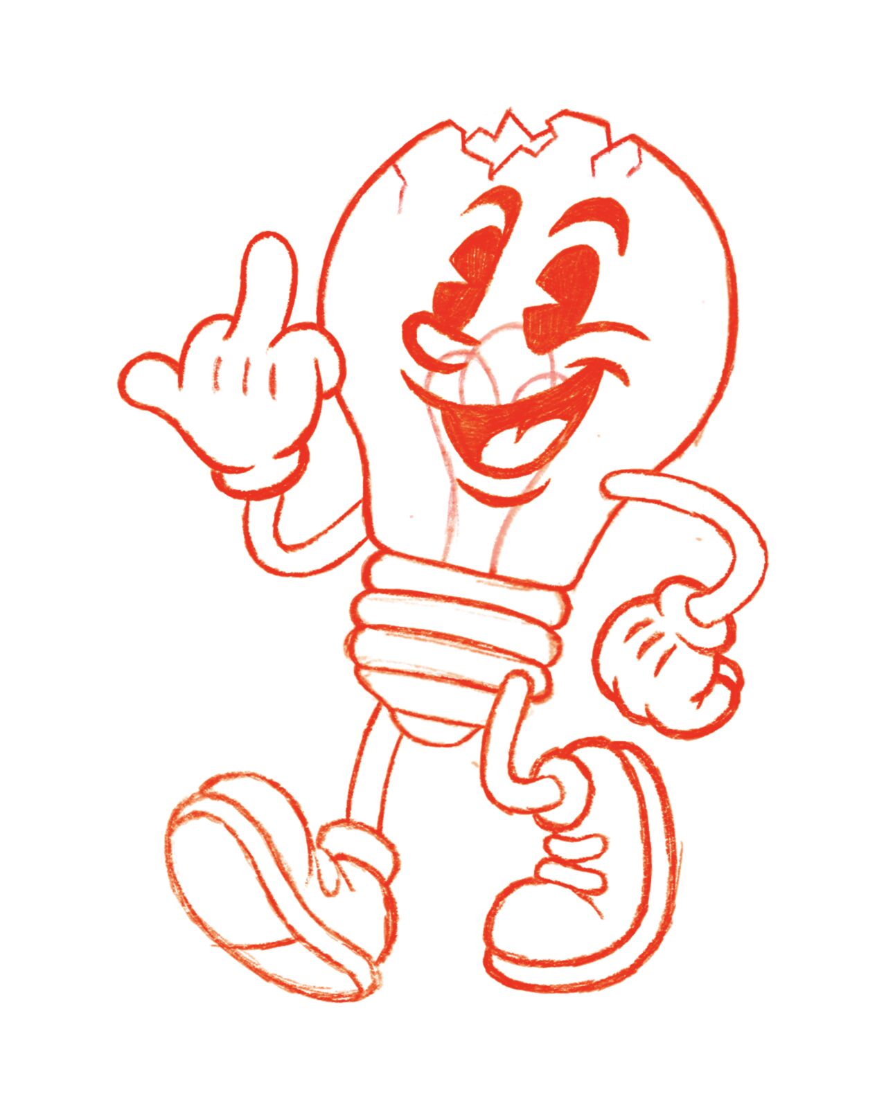 Schets van mascotte Ledgar in rood potlood