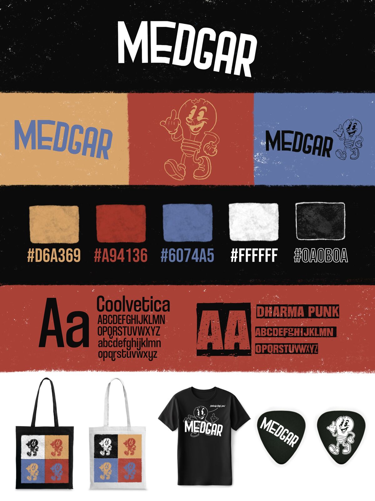 Stijlgids van Medgar met kleuren, lettertypes en merch